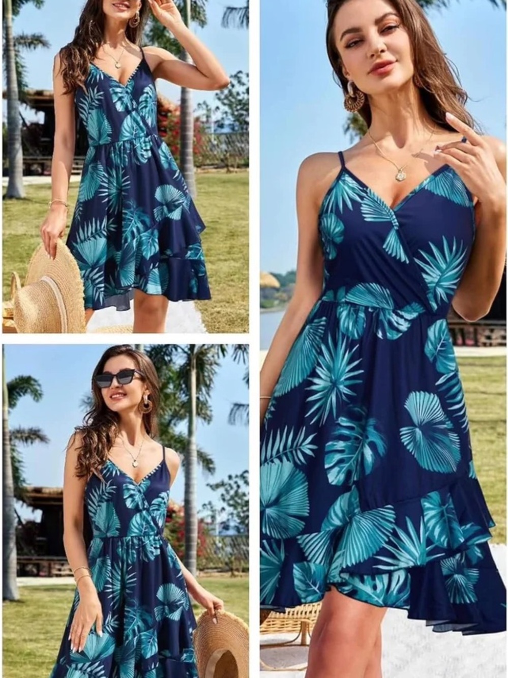Navy Tropical Print V-Neck Swim Cover-Up Dress